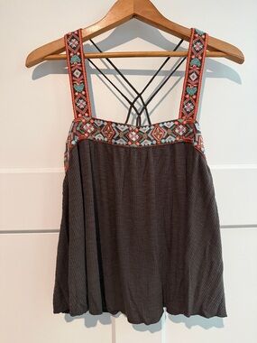 Lucky Brand Gray Brown Tank with Coral & Turquoise Embroidered Straps Size Small